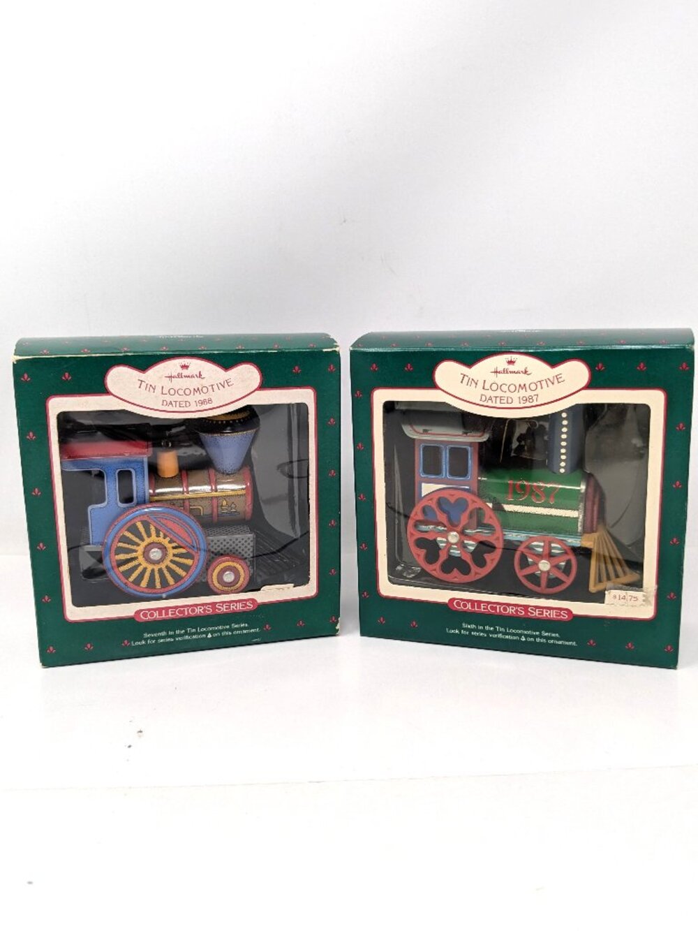 Hallmark 1987, 1988 Tin Locomotive Train Ornaments Christmas Collector's Series